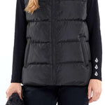 Volcom Women's Stone Castine Puff Vest 2024 - Black quilted vest with geometric pattern on front and back, solid black interior lining.