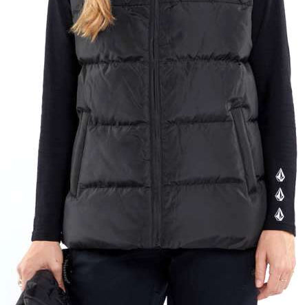 Volcom Women's Stone Castine Puff Vest 2024 - Black quilted vest with geometric pattern on front and back, solid black interior lining.