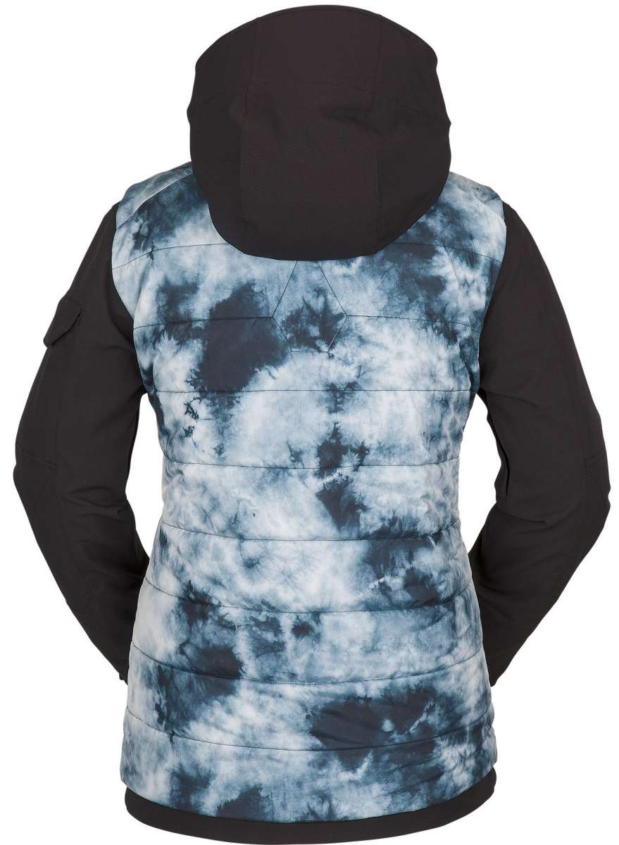 Volcom Women's T.T.T. 4 in 1 Jacket 2023 - A black and white tie-dye patterned jacket with a hood, featuring a zippered front and two side pockets.