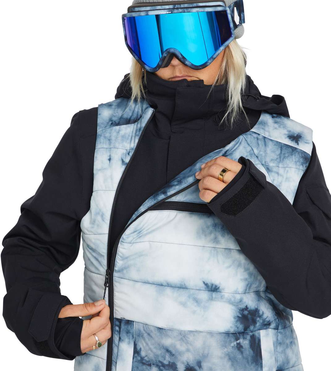 Volcom Women's T.T.T. 4 in 1 Jacket 2023 - A blue and white tie-dye patterned jacket with a black zipper, worn by a model against a plain background.