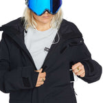 Volcom Women's T.T.T. 4 in 1 Jacket 2023 - A black jacket with a hood, zippered pockets and a white logo on the left chest.