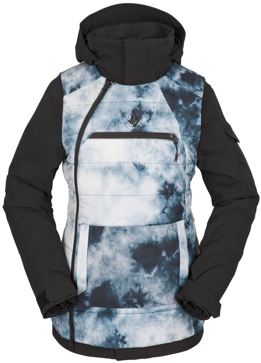 Volcom Women's T.T.T. 4 in 1 Jacket 2023 - A blue and white tie-dye patterned jacket with a black zipper, featuring a hood and two zippered pockets on the front.