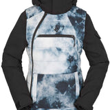 Volcom Women's T.T.T. 4 in 1 Jacket 2023 - A blue and white tie-dye patterned jacket with a black zipper, featuring a hood and two zippered pockets on the front.