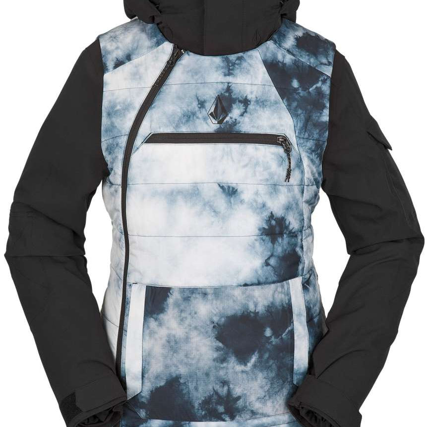 Volcom Women's T.T.T. 4 in 1 Jacket 2023 - A blue and white tie-dye patterned jacket with a black zipper, featuring a hood and two zippered pockets on the front.