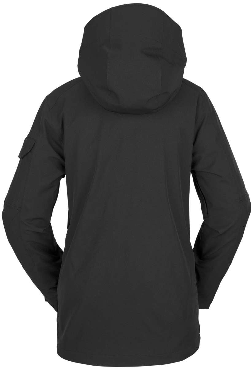 Volcom Women's T.T.T. 4 in 1 Jacket 2023 - A black jacket with a hood, featuring two zippered pockets on either side and a zipper down the front.