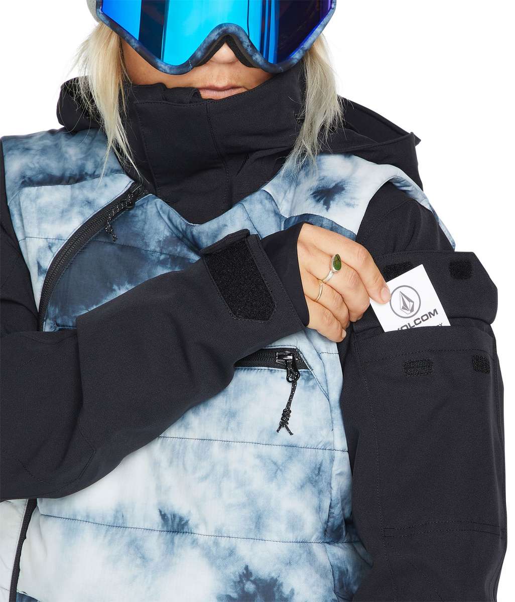 Volcom Women's T.T.T. 4 in 1 Jacket 2023 - A blue and white tie-dye patterned jacket with a black zipper and black trim.