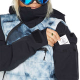 Volcom Women's T.T.T. 4 in 1 Jacket 2023 - A blue and white tie-dye patterned jacket with a black zipper and black trim.
