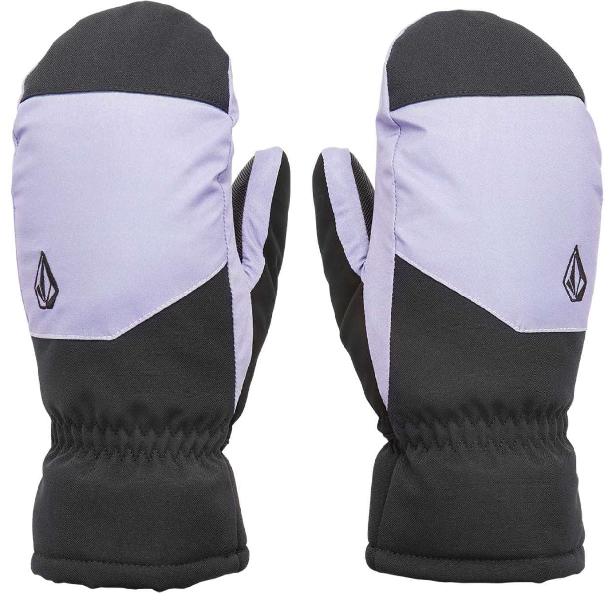 Volcom Women's Upland Mittens - Pair of mittens with a light gray and black color scheme, featuring a geometric pattern on the back of one mitten.