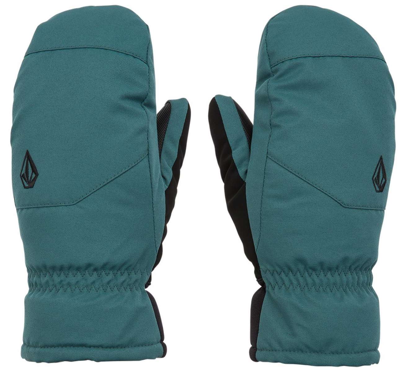 Volcom Women's Upland Mittens - Pair of mittens in a dark teal color with black accents and a geometric logo on each mitten.