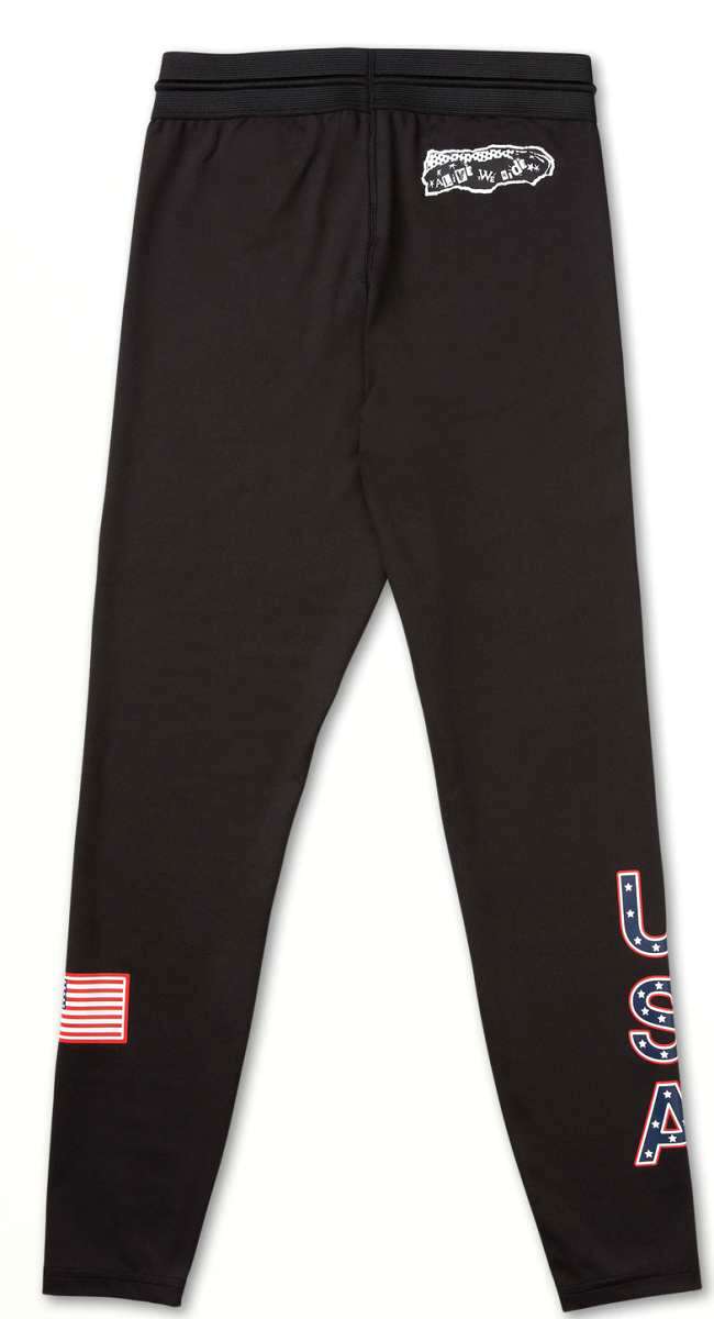 Volcom Women's USA Bottom Base - A pair of black leggings with a white outline of the United States on the left thigh and "USA" in blue letters outlined in red on the right leg.