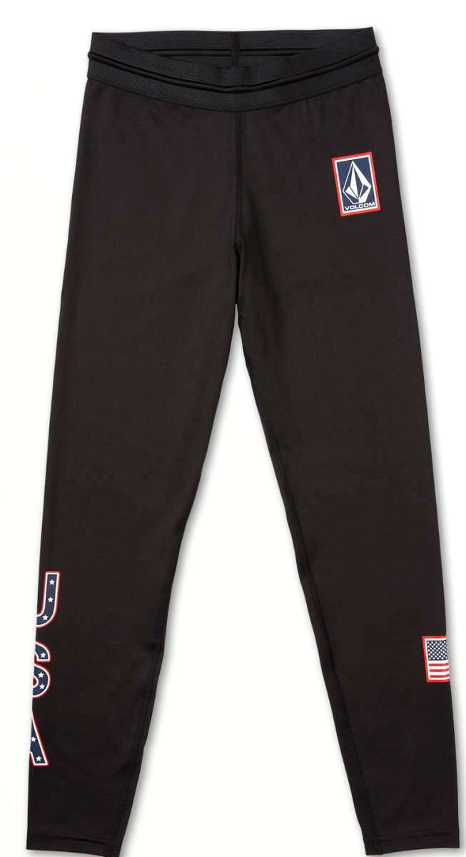 Volcom Women's USA Bottom Base 2022 - A pair of black leggings with a white "USA" logo on the left leg and a small American flag patch near the bottom hem.