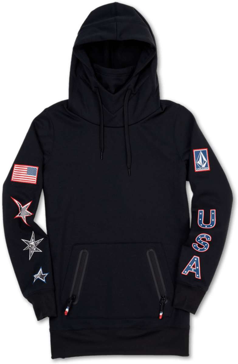 Volcom Women's USA Polartec Ridin Hoodie 2022 - A black hoodie with a small blue and white logo on the upper left chest area, featuring an image of the United States flag.