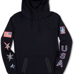 Volcom Women's USA Polartec Ridin Hoodie 2022 - A black hoodie with a small blue and white logo on the upper left chest area, featuring an image of the United States flag.