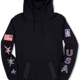 Volcom Women's USA Polartec Ridin Hoodie 2022 - A black hoodie with a small blue and white logo on the upper left chest area, featuring an image of the United States flag.