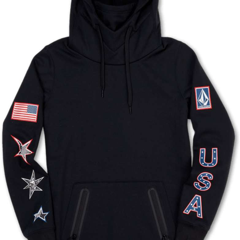 Volcom Women's USA Polartec Ridin Hoodie 2022 - A black hoodie with a small blue and white logo on the upper left chest area, featuring an image of the United States flag.