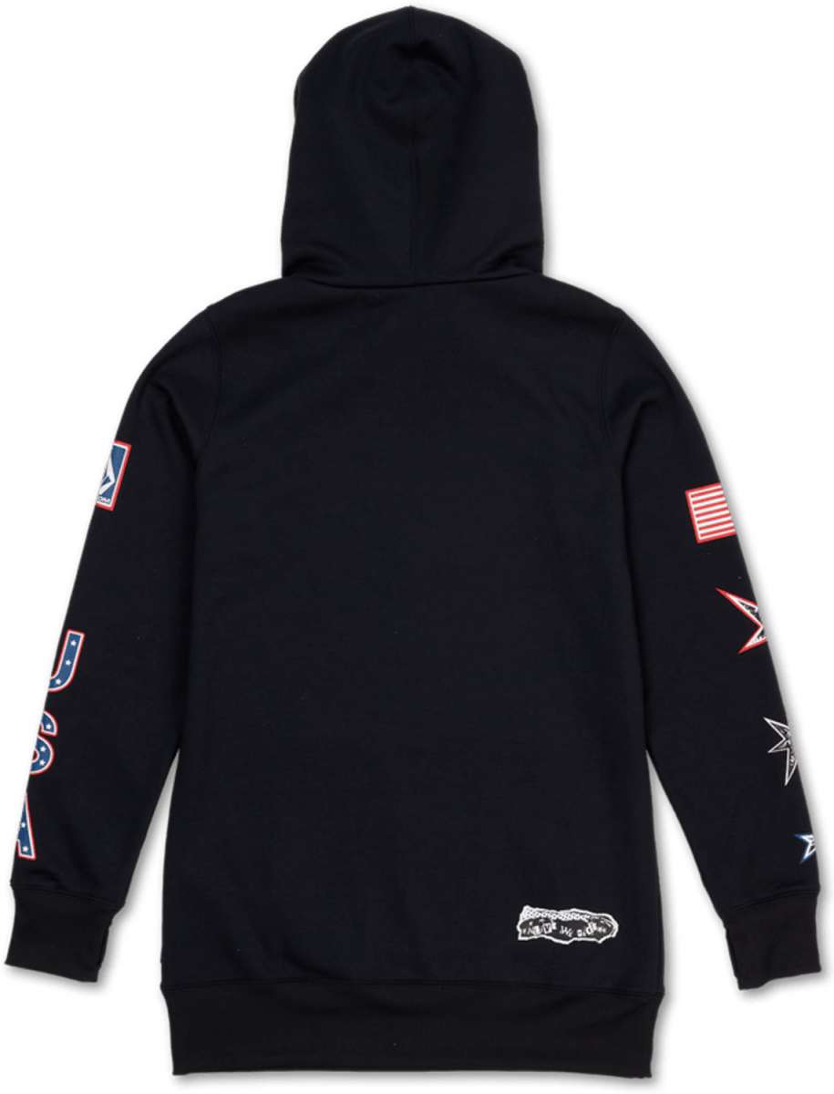 Volcom Women's USA Polartec Ridin Hoodie - A black hoodie with a white graphic of the United States on the front, featuring red and blue accents.