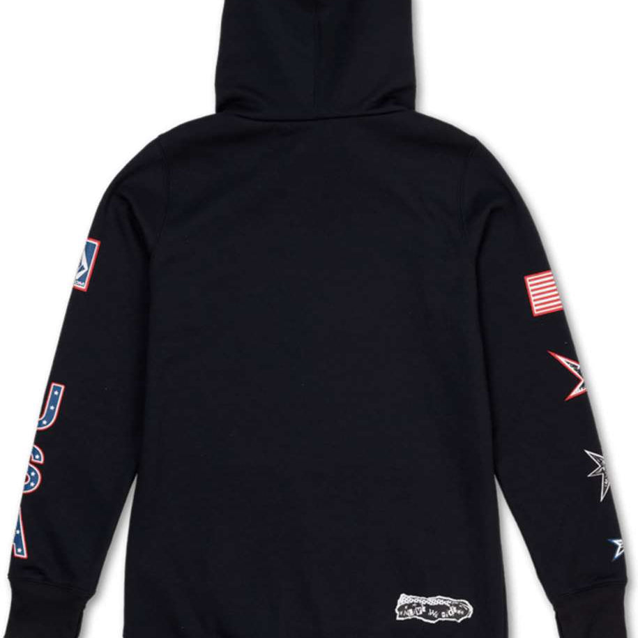 Volcom Women's USA Polartec Ridin Hoodie - A black hoodie with a white graphic of the United States on the front, featuring red and blue accents.