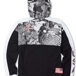 Volcom Women's USST Anorak Hoodie 2022 - A black and white hoodie with a collage of various images, including stars, stripes, and other patterns.