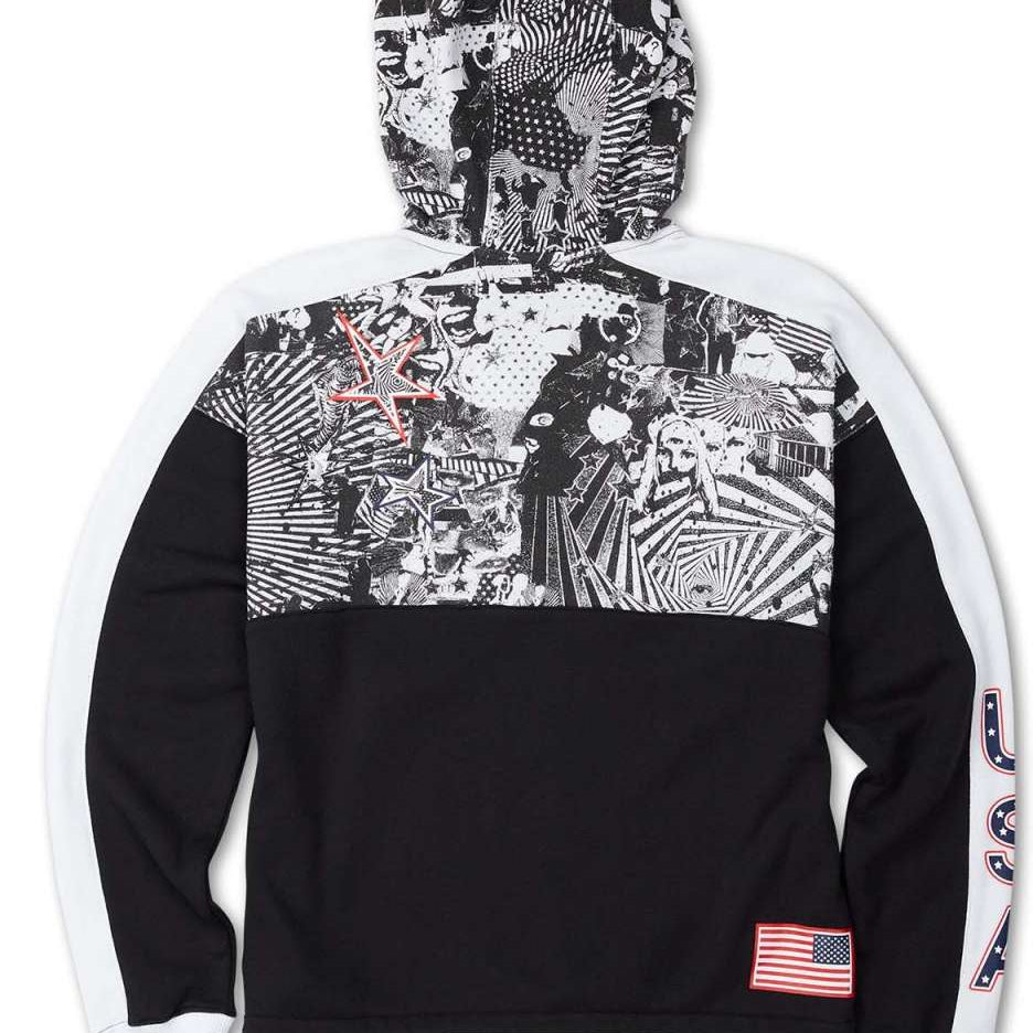 Volcom Women's USST Anorak Hoodie 2022 - A black and white hoodie with a collage of various images, including stars, stripes, and other patterns.