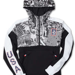 Volcom Women's USST Anorak Hoodie 2022 - Black hoodie with a white patterned design on chest and hood, featuring black-and-white images of people skiing and snowboarding.