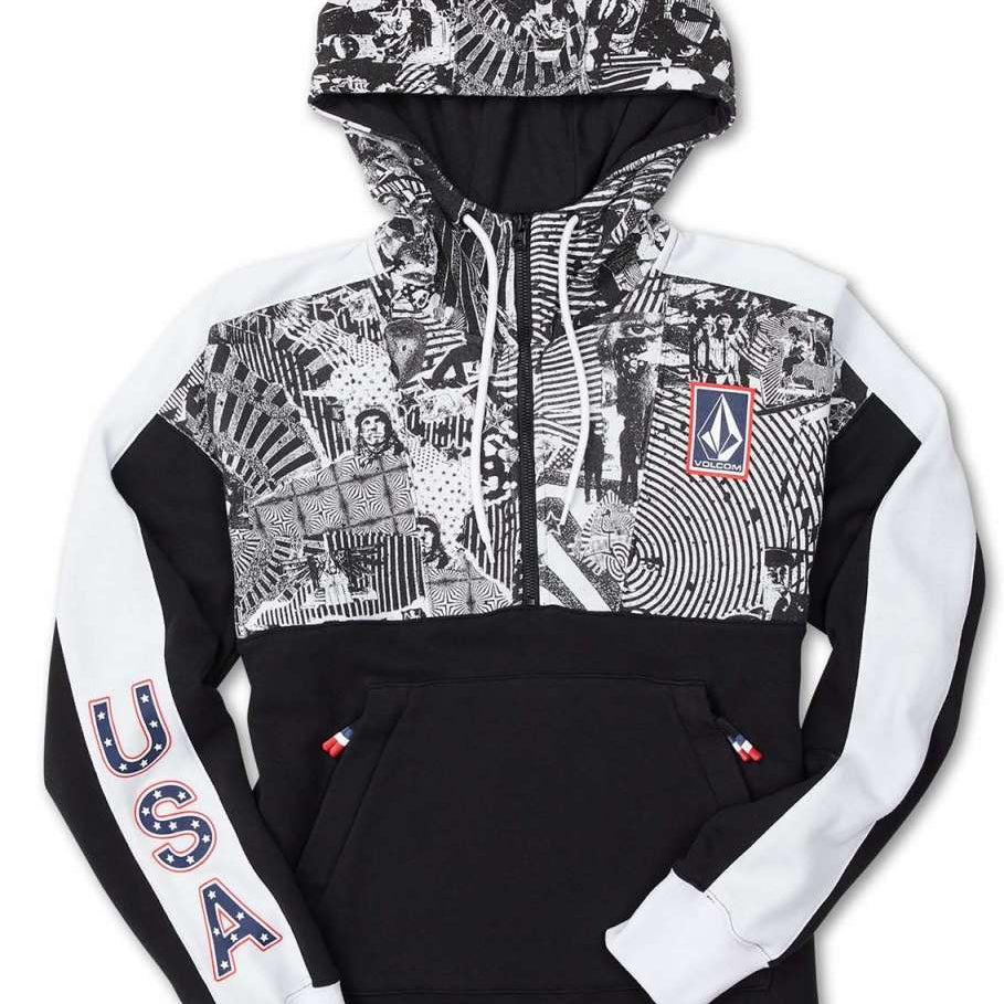 Volcom Women's USST Anorak Hoodie 2022 - Black hoodie with a white patterned design on chest and hood, featuring black-and-white images of people skiing and snowboarding.