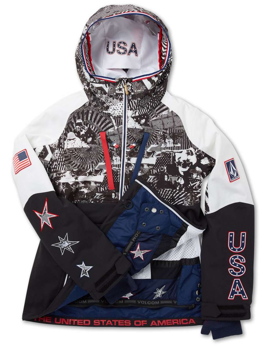 Volcom Women's USST Brighton Pullover Jacket 2022 - A black and white pullover jacket with a hood, featuring an all-over pattern of various images including people skiing and snowboarding.