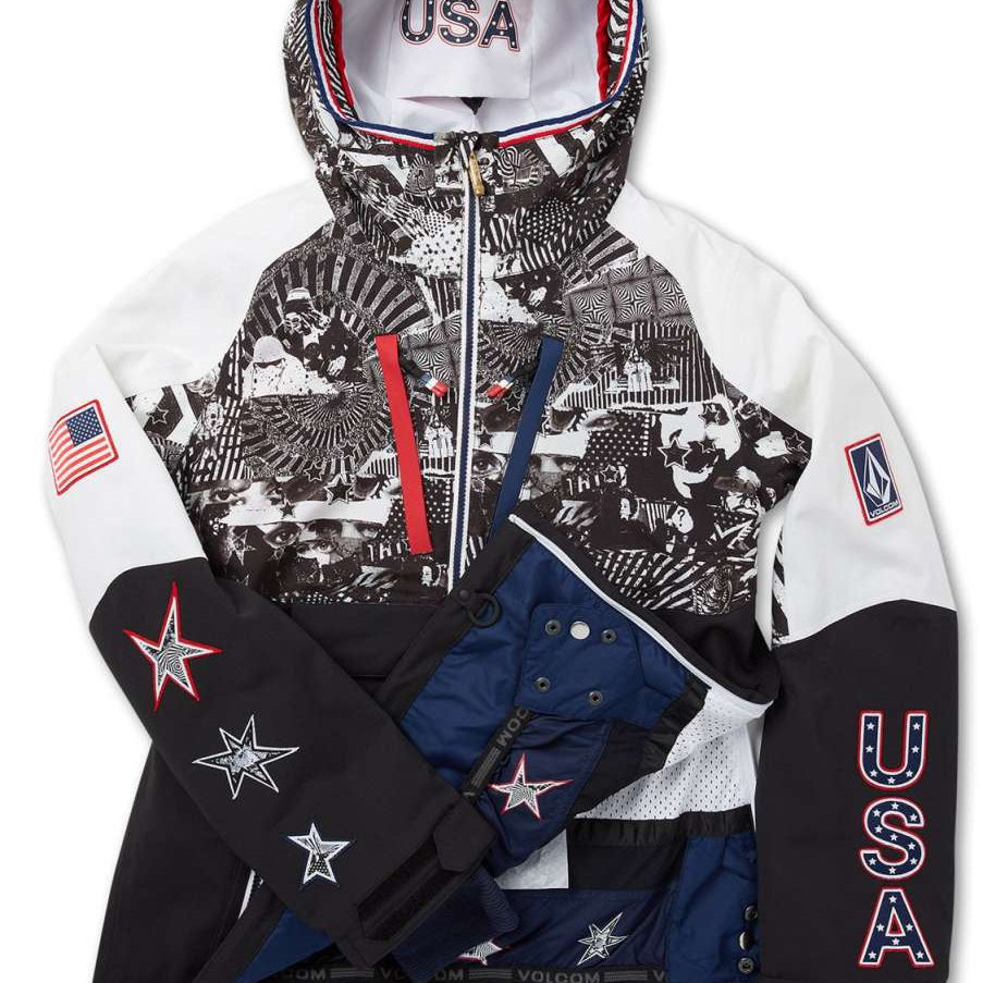 Volcom Women's USST Brighton Pullover Jacket 2022 - A black and white pullover jacket with a hood, featuring an all-over pattern of various images including people skiing and snowboarding.