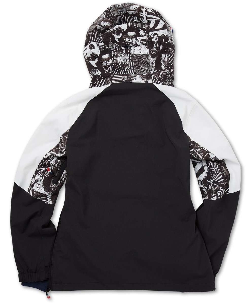 Volcom Women's USST Brighton Pullover Jacket 2022 - A black and white pullover jacket with a hood, featuring a collage of various images on the hood and sleeves.