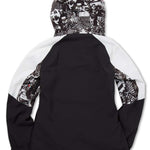 Volcom Women's USST Brighton Pullover Jacket 2022 - A black and white pullover jacket with a hood, featuring a collage of various images on the hood and sleeves.