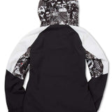 Volcom Women's USST Brighton Pullover Jacket 2022 - A black and white pullover jacket with a hood, featuring a collage of various images on the hood and sleeves.