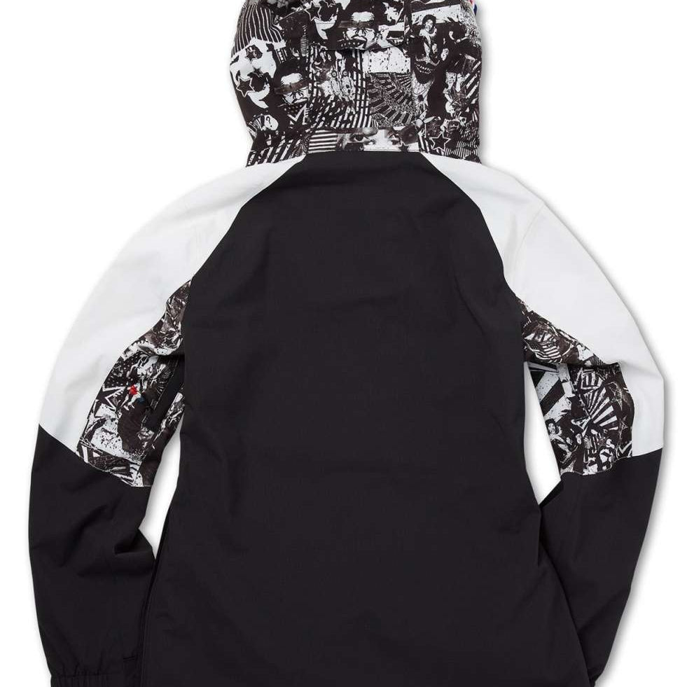 Volcom Women's USST Brighton Pullover Jacket 2022 - A black and white pullover jacket with a hood, featuring a collage of various images on the hood and sleeves.