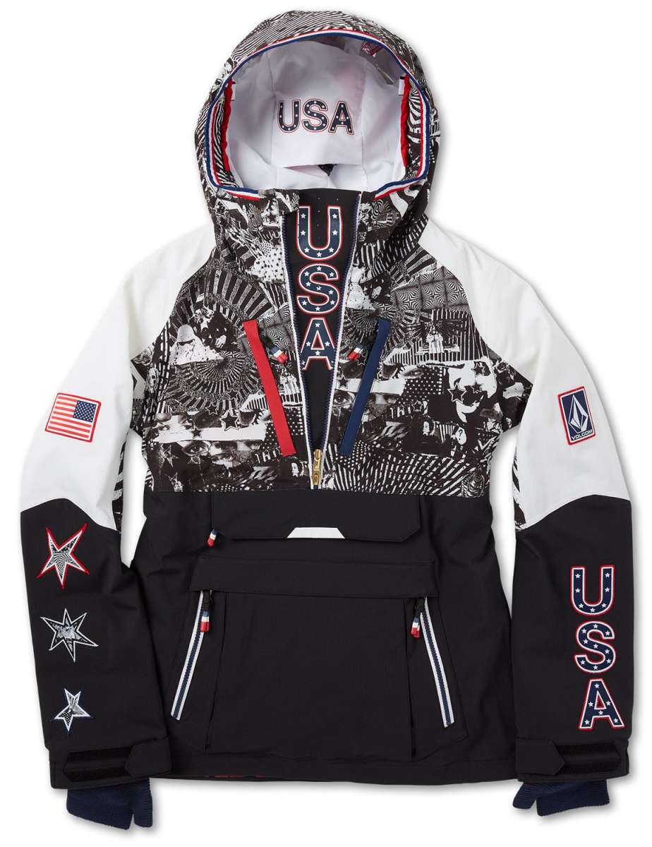 Volcom Women's USST Brighton Pullover Jacket - A black and white pullover jacket with a hood, featuring an all-over pattern of various images including people skiing and snowboarding, trees, mountains, and flags.