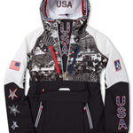 Volcom Women's USST Brighton Pullover Jacket - A black and white pullover jacket with a hood, featuring an all-over pattern of various images including people skiing and snowboarding, trees, mountains, and flags.