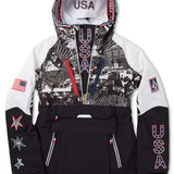 Volcom Women's USST Brighton Pullover Jacket - A black and white pullover jacket with a hood, featuring an all-over pattern of various images including people skiing and snowboarding, trees, mountains, and flags.