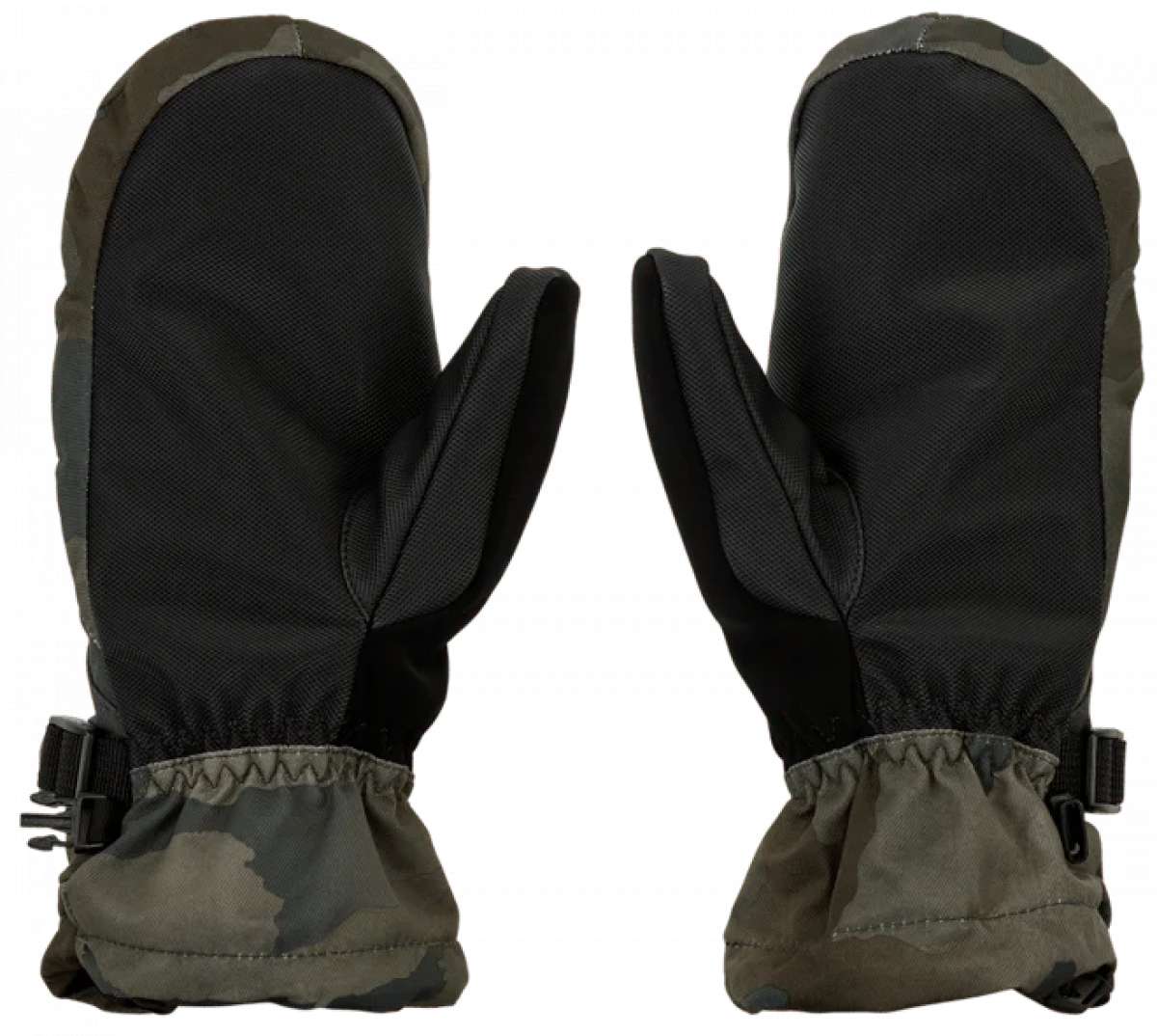 Volcom Women's V.Snow Over Mittens - Pair of black mittens with a textured palm and thumb, featuring a camouflage pattern on the backside.