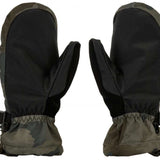 Volcom Women's V.Snow Over Mittens - Pair of black mittens with a textured palm and thumb, featuring a camouflage pattern on the backside.