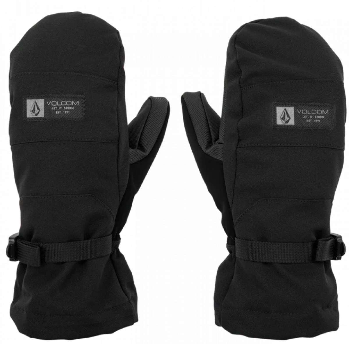 Volcom Women's V.Snow Over Mittens 2024 - Black mittens with a textured pattern on the palm and thumb, featuring a Velcro strap closure at the wrist.