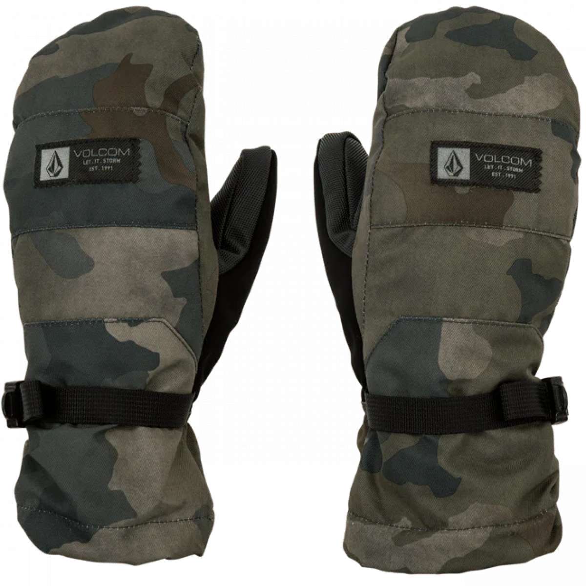 Volcom Women's V.Snow Over Mittens 2024 - Pair of mittens in a camouflage pattern with black trim and straps.
