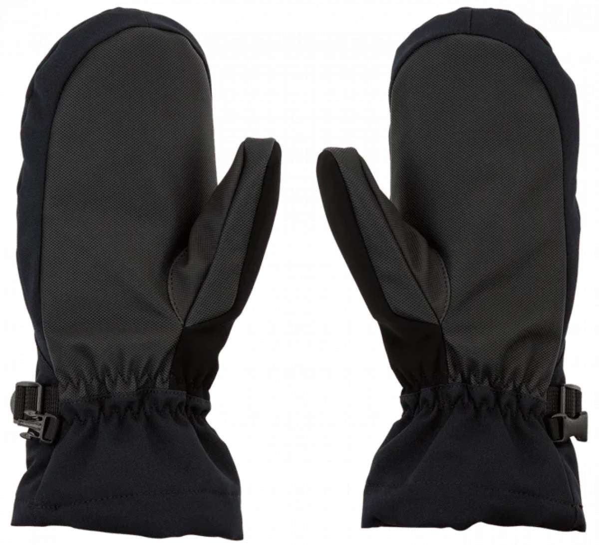 Volcom Women's V.Snow Over Mittens 2024 - Black mittens with a textured pattern on the palm and thumb, featuring a Velcro closure strap at the wrist.