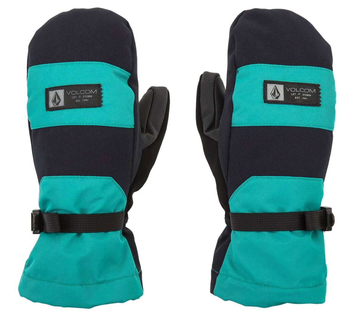 Volcom Women's V.Snow Over Mittens 2024 - A pair of black and teal mittens with a Velcro strap closure at the wrist.