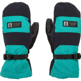 Volcom Women's V.Snow Over Mittens 2024 - A pair of black and teal mittens with a Velcro strap closure at the wrist.