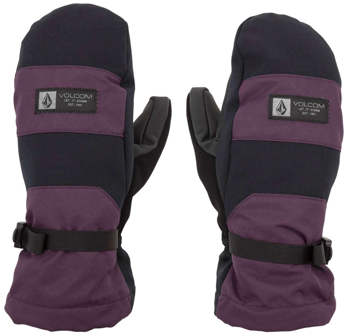 Volcom Women's V.Snow Over Mittens 2024 - A pair of mittens with a purple and black color scheme, featuring a strap closure on the wrist.