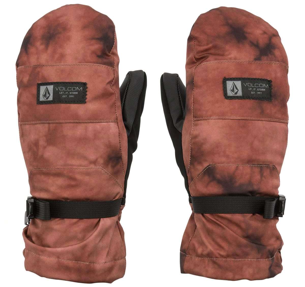 Volcom Women's V.Snow Over Mittens 2024 - Pair of brown mittens with a black strap and buckle on the wrist.