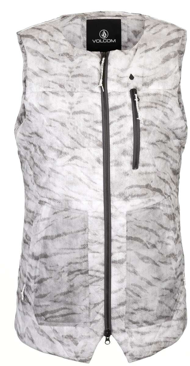Volcom Women's Vault 4 in 1 Jacket 2022 - A sleeveless jacket with a black and white marbled pattern, featuring two zippered pockets on either side.