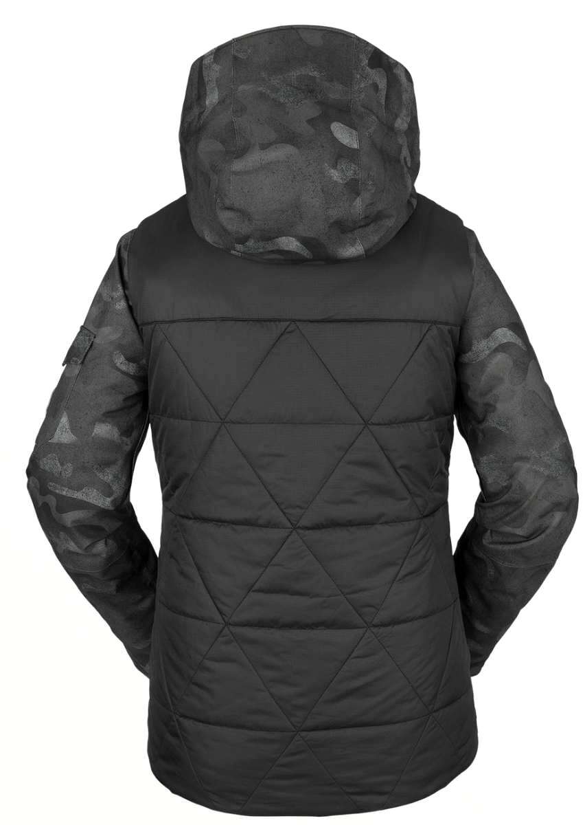 Volcom Women's Vault 4 in 1 Jacket - A black jacket with a geometric pattern on the sleeves and hood, featuring a zippered front and two side pockets.