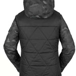 Volcom Women's Vault 4 in 1 Jacket - A black jacket with a geometric pattern on the sleeves and hood, featuring a zippered front and two side pockets.