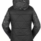 Volcom Women's Vault 4 in 1 Jacket - A black jacket with a geometric pattern on the sleeves and hood, featuring a zippered front and two side pockets.