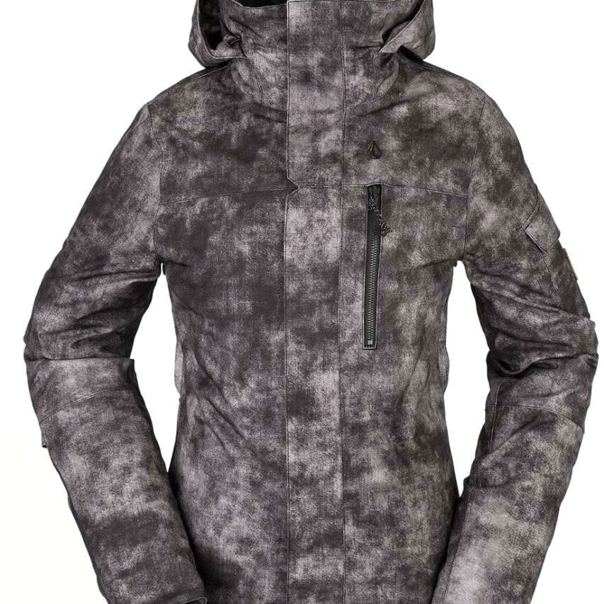 Volcom Women's Vault 4 in 1 Jacket - A black and white jacket with a subtle pattern of small, irregular shapes resembling snowflakes or abstract designs.
