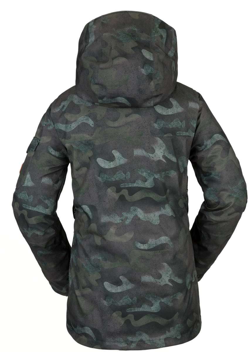 Volcom Women's Vault 4 in 1 Jacket 2022 - A dark green camouflage print jacket with a hood, featuring a zippered front and two side pockets.