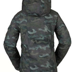 Volcom Women's Vault 4 in 1 Jacket 2022 - A dark green camouflage print jacket with a hood, featuring a zippered front and two side pockets.
